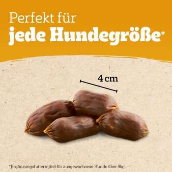 Vier braune wurstförmige Hundesnacks mit der Angabe '4 cm' und der deutschen Überschrift 'Perfekt für jede Hundegröße'.