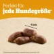 Vier braune wurstförmige Hundesnacks mit der Angabe '4 cm' und der deutschen Überschrift 'Perfekt für jede Hundegröße'.