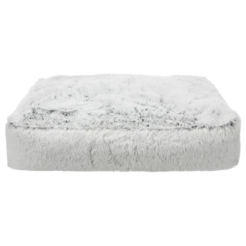Weiches, plüschiges graues Haustierbett mit einer flauschigen Oberfläche, ideal für kleine bis mittelgroße Haustiere.