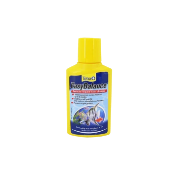 Bottle of Tetra EasyBalance, a water treatment for aquariums, with text highlighting benefits like reducing water changes and stabilizing pH.
