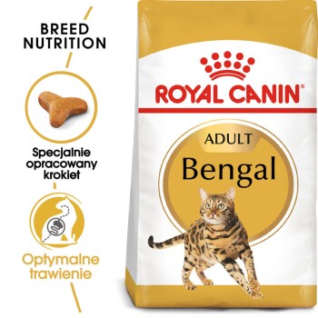 Torba z karmą dla dorosłych kotów Royal Canin Bengal z ilustracją biegającego kota bengalskiego, z tekstem podkreślającym odżywianie rasy i optymalne trawienie.