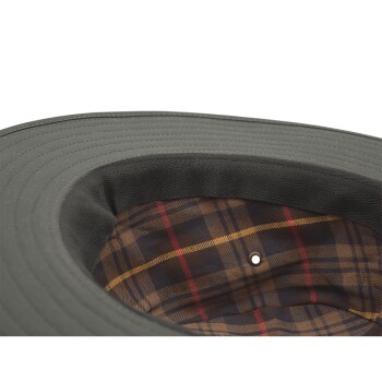 Grauer breitkrempiger Hut mit braun-rotem kariertem Innenfutter, von innen gezeigt.