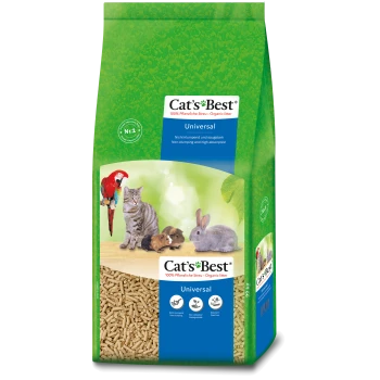 Sac de litière organique Cat's Best vert mettant en avant un perroquet, un chat, un chien, un lapin et un cochon d'Inde, soulignant des qualités non agglomérantes et biodégradables.