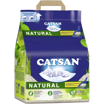 Natural Klumpstreu 8 l Catsan Natural Katzenstreu Verpackung, mit einer weißen Katze auf einer Wolke, mit Text, der 100% natürliche Zutaten und Klumpeneigenschaften hervorhebt.