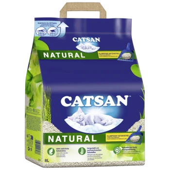 Catsan Natural Katzenstreu Verpackung, mit einer weißen Katze auf einer Wolke, mit Text, der 100% natürliche Zutaten und Klumpeneigenschaften hervorhebt.