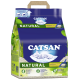 Emballage de litière pour chat Catsan Natural, présentant un chat blanc sur un nuage, avec un texte mettant en avant des ingrédients 100 % naturels et des propriétés agglomérantes.