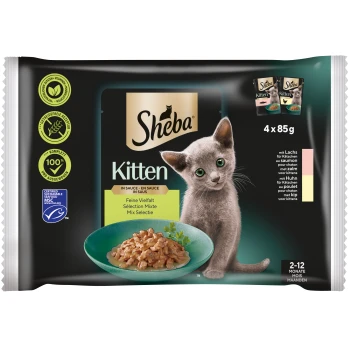 Nassfutter Katze Kitten, Mixpaket, Feine Vielfalt, in Sauce 4x85 g Sheba Kitten-Futterverpackung mit einer Schüssel mit feuchtem Katzenfutter in Sauce, mit Geschmacksrichtungen von Lachs und Huhn, geeignet für Kätzchen im Alter von 2-12 Monaten.