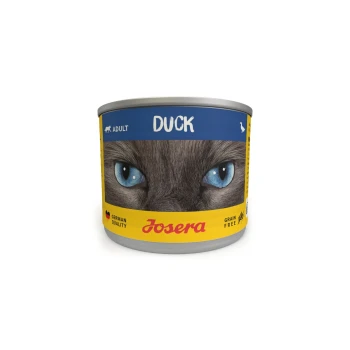 Sechs Dosen Josera Katzenfutter in einem gelben Tablett, mit der Aufschrift 'Ente', mit den blauen Augen einer Katze und dem Text 'Deutsche Qualität' und 'Getreidefrei'.