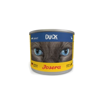 Sechs Dosen Josera Katzenfutter in einem gelben Tablett, mit der Aufschrift 'Ente', mit den blauen Augen einer Katze und dem Text 'Deutsche Qualität' und 'Getreidefrei'.