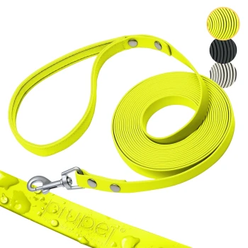Schleppleine neon gelb 10 m Helle gelbe Hundeleine mit glatter Textur, mit einem Metallclip und wasserabweisendem Design, sowie Farboptionen in Schwarz und Weiß.