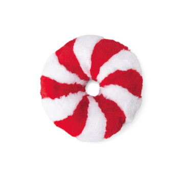 Rundes rot-weiß gestreiftes Plüsch-Donut-Haustierbett, das wie ein Pfefferminzbonbon aussieht.