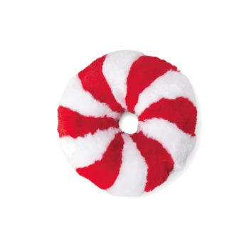 Rundes rot-weiß gestreiftes Plüsch-Donut-Haustierbett, das wie ein Pfefferminzbonbon aussieht.