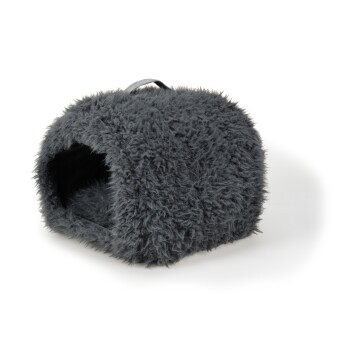 Gemütliches graues Haustierhöhlenbett mit flauschigem Äußeren und einem offenen Eingang, perfekt für kleine Haustiere zum Einkuscheln.