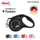 Schwarze flexi ausziehbare Hundeleine mit silbernem Logo, beschriftet "NEW CLASSIC", erhältlich in vier Farben: schwarz, blau, rot und pink.