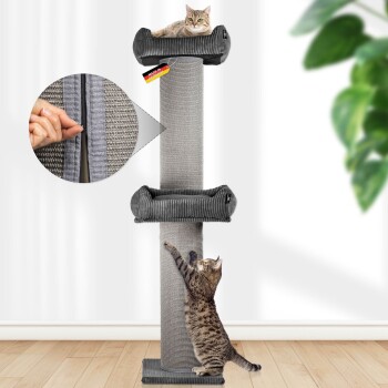 Graue Kratzsäule mit Cord-Liegeflächen, Kipp-Sicherung und abnehmbarer Sisalmatte. NEU! abnehmbare Sisalmatte.