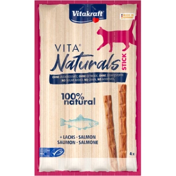 Naturals Stick Lachs 20x4 Stück Vitakraft Vita Naturals Stick Katzenleckerlis Verpackung mit "100% natürlich", Lachsillustration und den Ansprüchen "kein Zucker, kein Getreide, keine Zusatzstoffe".