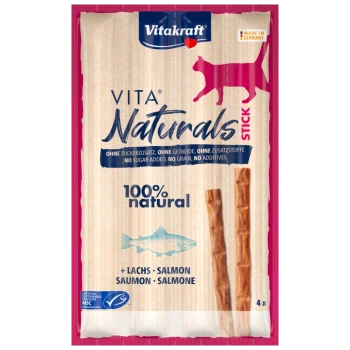 Opakowanie przysmaków dla kotów Vitakraft Vita Naturals Stick z napisem "100% naturalne", ilustracją łososia oraz informacjami "bez cukru, bez zbóż, bez dodatków".