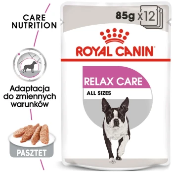 Opakowanie karmy dla psów Royal Canin Relax Care, z ilustracją biegającego psa, 85g x 12 porcji, z tekstem w języku polskim o adaptacyjności.