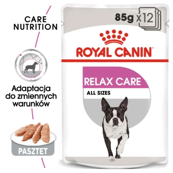 Opakowanie karmy dla psów Royal Canin Relax Care, z ilustracją biegającego psa, 85g x 12 porcji, z tekstem w języku polskim o adaptacyjności.