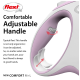 Image of a Flexi dog leash handle featuring a comfortable, adjustable grip in pink and white, with text highlighting its ergonomic design.