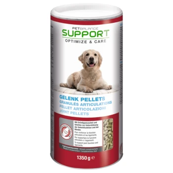 Behälter mit PetBalance Support Gelenkpellets für Hunde, mit einem lächelnden Golden Retriever auf dem Etikett, 1350g.
