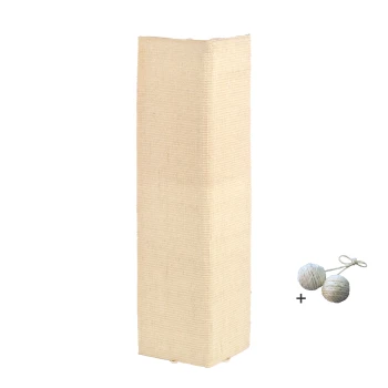 ® Kratzecke , mit Gratis-Spielball, Ein hoher, rechteckiger beiger Kratzbaum für Katzen, begleitet von zwei kleinen Seilbällen, die zusammengebunden sind.