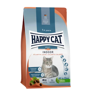 Happy Cat Adult Indoor Katzenfutterbeutel mit einer grauen Katze, beschriftet "Atlantik Lachs | Atlantic Salmon," mit hervorgehobenen Nährwerten.