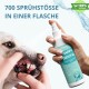 Hundezähne werden mit Happy Dental Haustierspray besprüht, Text lautet „700 Sprühstöße in einer Flasche“.