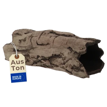Hohles künstliches Rindenstamm-Versteck mit Etikett 'Aus Ton' und 'MADE IN EUROPE'.