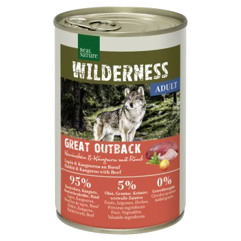 Eine Dose "Wilderness Great Outback" Tiernahrung mit einem Wolfbild, die 95% Fleisch und 5% Früchte, Gemüse und Kräuter enthält. Keine Körner.
