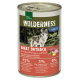 Eine Dose "Wilderness Great Outback" Tiernahrung mit einem Wolfbild, die 95% Fleisch und 5% Früchte, Gemüse und Kräuter enthält. Keine Körner.