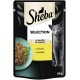Sheba Katzenfutterbeutel mit einer grauen Katze, einer Schüssel mit Nassfutter und Kräutern sowie dem Text 'Selection in Sauce mit Huhn au poulet, 85g.'