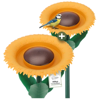 Ein lebendiger Sonnenblumen-Vogelfutterspender mit einem Blauhäher, der auf der Kante sitzt, mit verstellbarer Höhe und grünen Blättern.