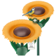 Ein lebendiger Sonnenblumen-Vogelfutterspender mit einem Blauhäher, der auf der Kante sitzt, mit verstellbarer Höhe und grünen Blättern.