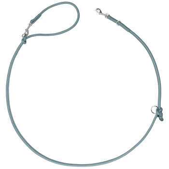 Hellblaue Leder-Schlupfleine mit Metallkarabiner und Verstellknoten vor weißem Hintergrund.