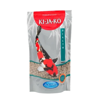 Eine Tasche mit KI-JA-KO Premium Koi-Futter, die eine farbenfrohe Koi-Fisch-Illustration zeigt, beschriftet mit "HEALTH" und "6mm," von der Marke Aquaris.