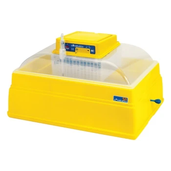 Gelber Haustierinkubator mit einer transparenten Kuppel, ausgestattet mit einem digitalen Bedienfeld oben und einem Wasseranschluss an der Seite.