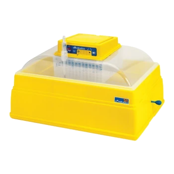 Gelber Haustierinkubator mit einer transparenten Kuppel, ausgestattet mit einem digitalen Bedienfeld oben und einem Wasseranschluss an der Seite.
