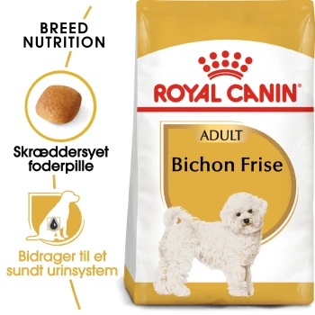Royal Canin Adult Bichon Frise Hundefutterbeutel mit einem Bichon Frise Hund, Kibble-Illustration und Informationen zur Rassenernährung und Harnwegsgesundheit.