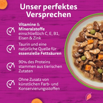 Schale mit Nassfutter und lila Panel mit der Aufschrift 'Unser perfektes Versprechen' und deutscher Nährstoff-Checkliste