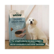 Weißer Welpe neben einem WOOOF 'PUPPY GRAIN-FREE' Hundefutterbeutel; deutscher Banner mit der Aufschrift 'Für empfindliche Welpenmägen.'