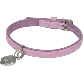 A light purple pet collar made of leather, featuring white stitching and a silver charm with a paw print.