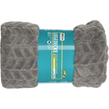 Grijze huisdierdeken opgerold met een teal label met de tekst 'LIEGEDECKE' en 'MALA,' ontworpen voor het comfort van huisdieren.