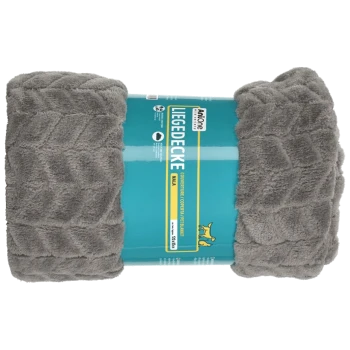 Couverture pour animaux grise enroulée avec une étiquette teal lisant "LIEGEDECKE" et "MALA," conçue pour le confort des animaux.