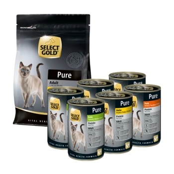 Wählen Sie die Verpackung von Gold Pure Katzenfutter mit einem Beutel Trockenfutter und sechs Dosen Nassfutter, beschriftet mit den Geschmacksrichtungen: Ente, Huhn und Truthahn.