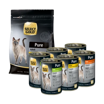 Wählen Sie die Verpackung von Gold Pure Katzenfutter mit einem Beutel Trockenfutter und sechs Dosen Nassfutter, beschriftet mit den Geschmacksrichtungen: Ente, Huhn und Truthahn.