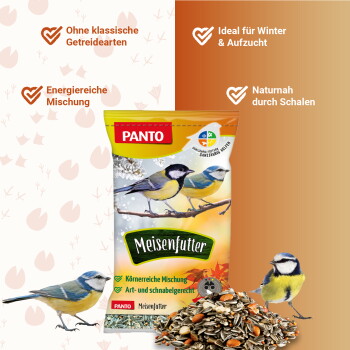 Tüte PANTO Meisenfutter mit zwei Blaumeisen und einem Haufen Samen; sichtbarer Text "PANTO" und "Meisenfutter".
