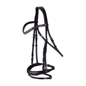 Schwarzes Ledergeschirr für Haustiere mit dekorativen Strasssteinen, das verstellbare Riemen und Schnallen für einen sicheren Sitz zeigt.