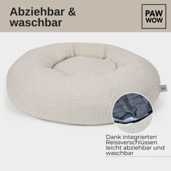 Hellbeiges rundes Haustierbett mit gestepptem Design, mit dem Text "Abziehbar & waschbar" und Paw Wow-Logo.