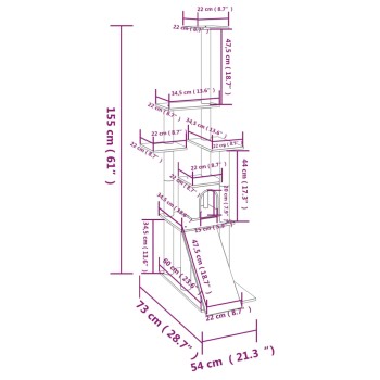 Illustration eines mehrstöckigen Katzenbaums mit in Zentimetern und Zoll gekennzeichneten Abmessungen, mit Plattformen, einer Rutsche und einem Versteck.